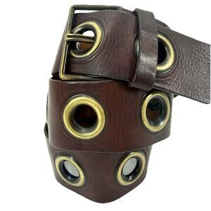 Genuine Brown Leather Casual Belt Large Grommet Brass Tone Buckle Unisex 32” W